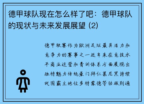 德甲球队现在怎么样了吧：德甲球队的现状与未来发展展望 (2)