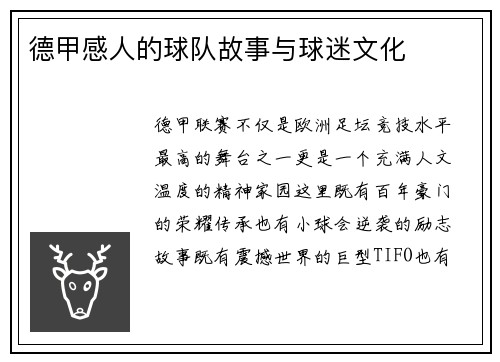 德甲感人的球队故事与球迷文化